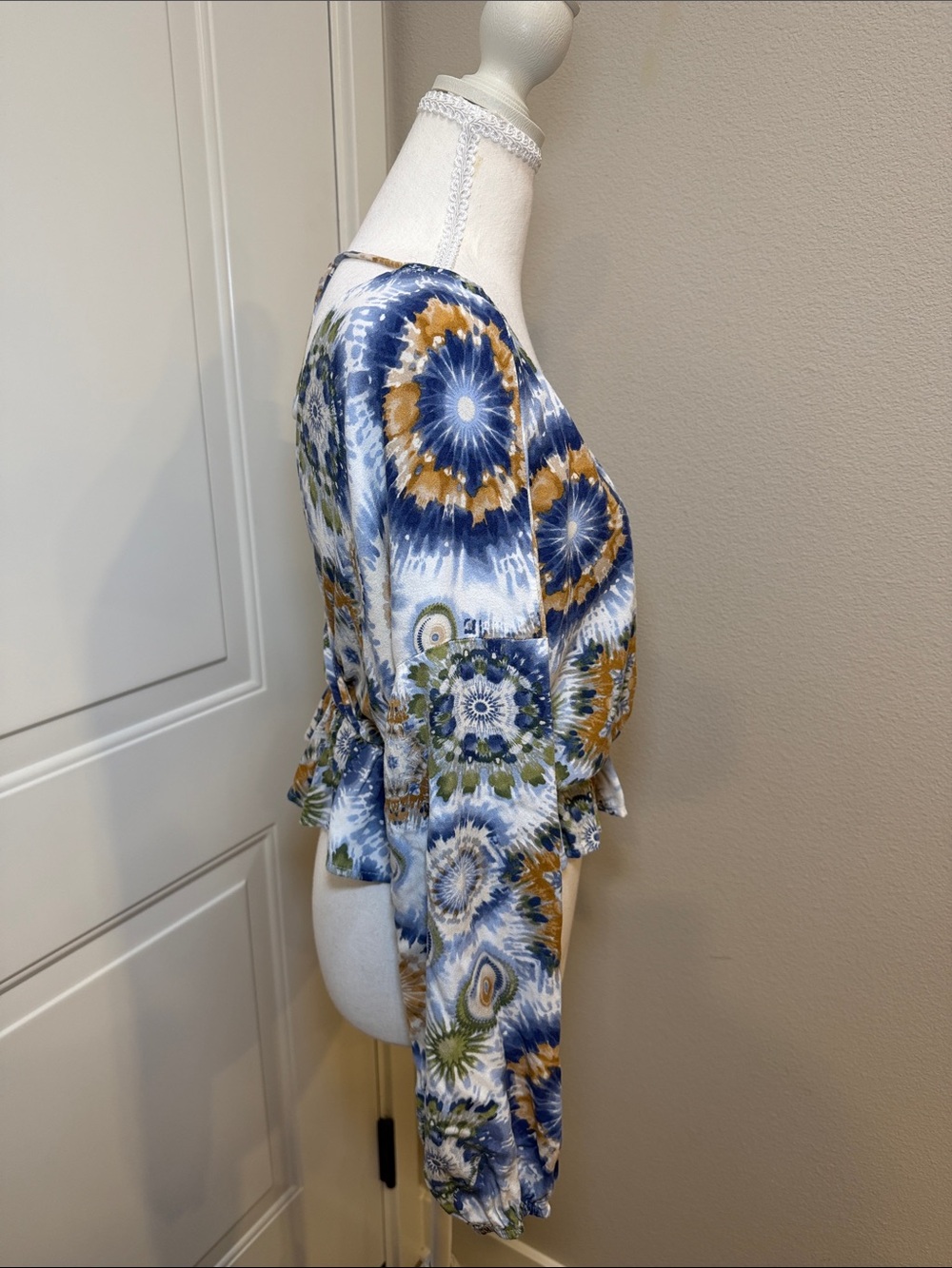 V-Neck Printed Peplum Blouse - Blue Multi - Picture 3 of 4